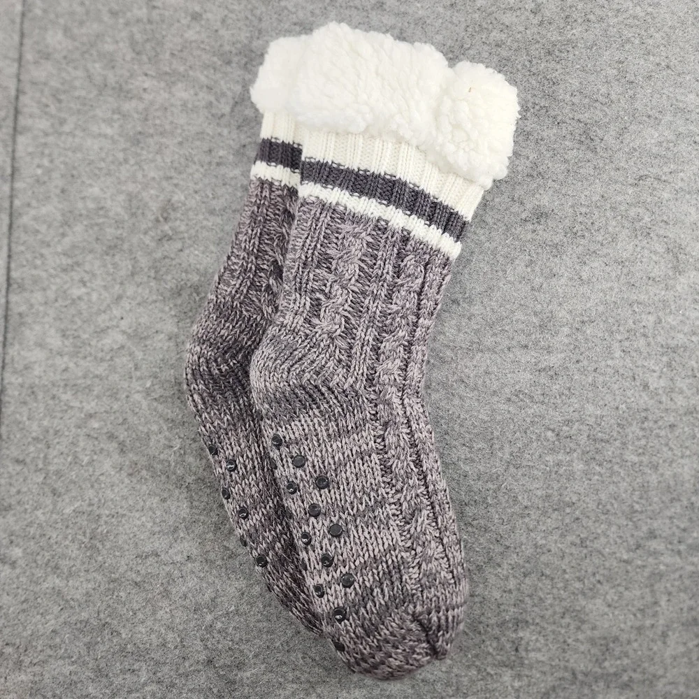 Cedarwood Threads Purple White Cable Knit Sherpa Lined Slipper Socks OSFM Unisex